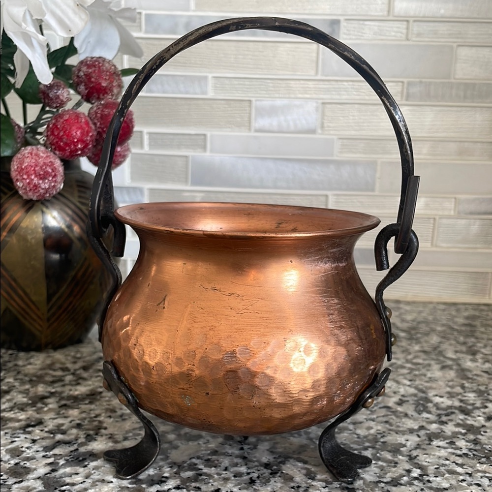 Vintage Hammered Footed Copper Cauldron with Handle Made in Germany